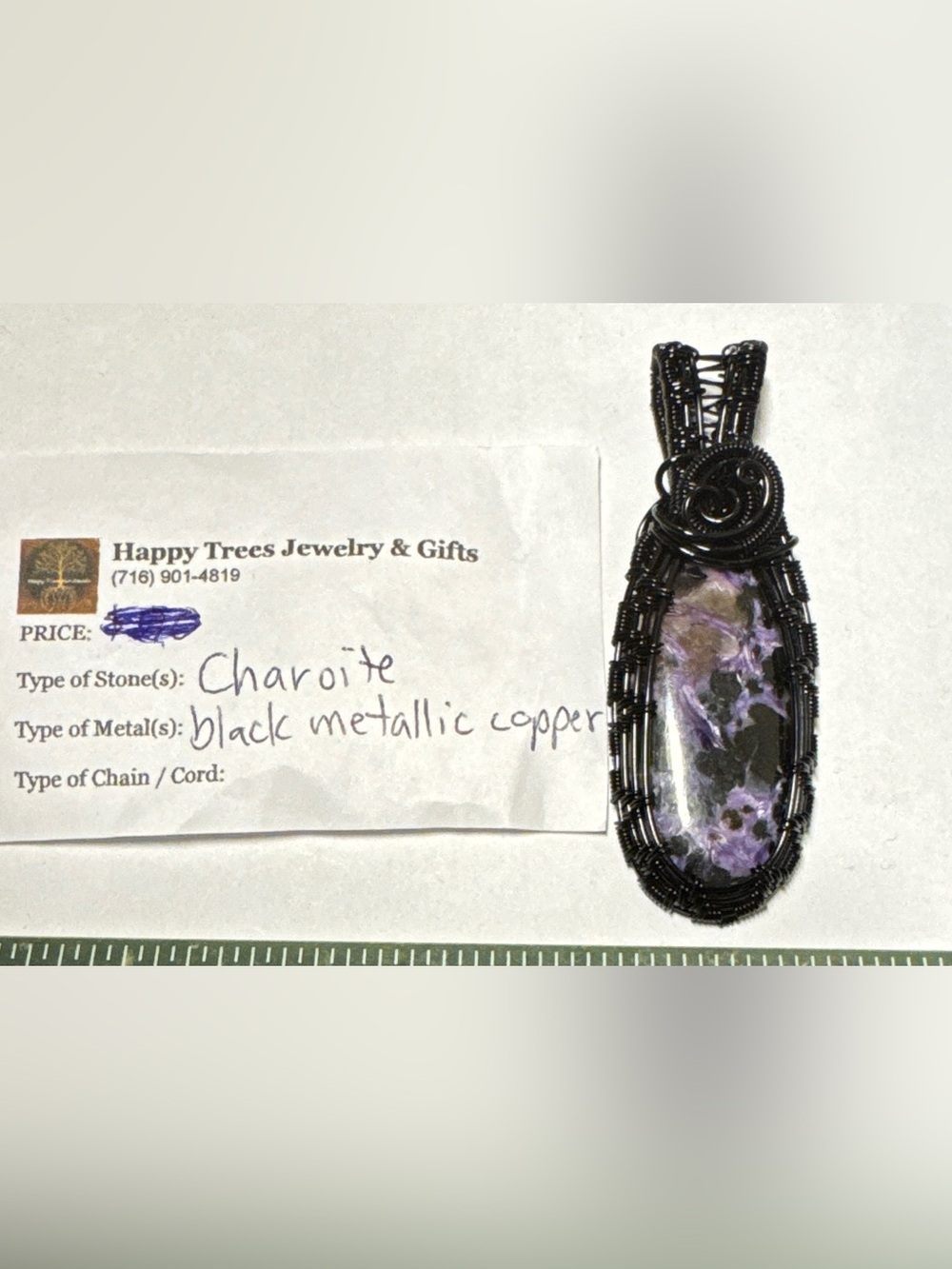 OUTSTANDING CHAROITE PENDANT IN BLACK METALLIC COPPER WIRE WRAP